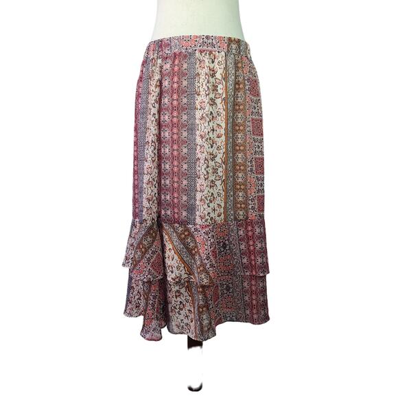 Loft Tan Orange Pink Brown Tiered Ruffle BOHO Maxi Skirt NEW Large - Picture 1 of 5